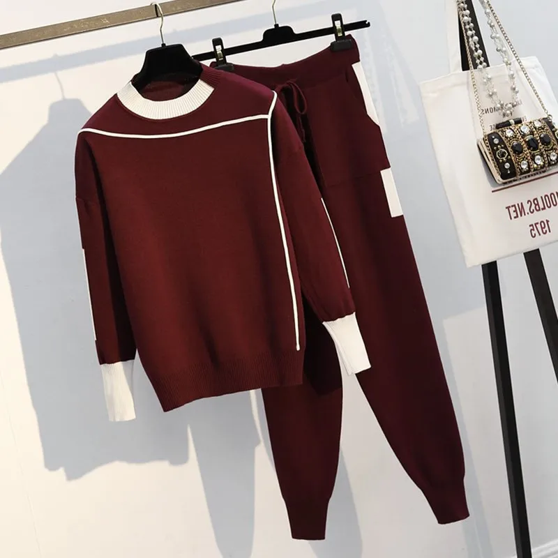 wine red Женские вязаные свитера и штаны, комплект из 2 предметов, Женский Повседневный пуловер с длинным рукавом, топы и штаны, комплект осенней одежды из 2 предметов - Цвет: wine red