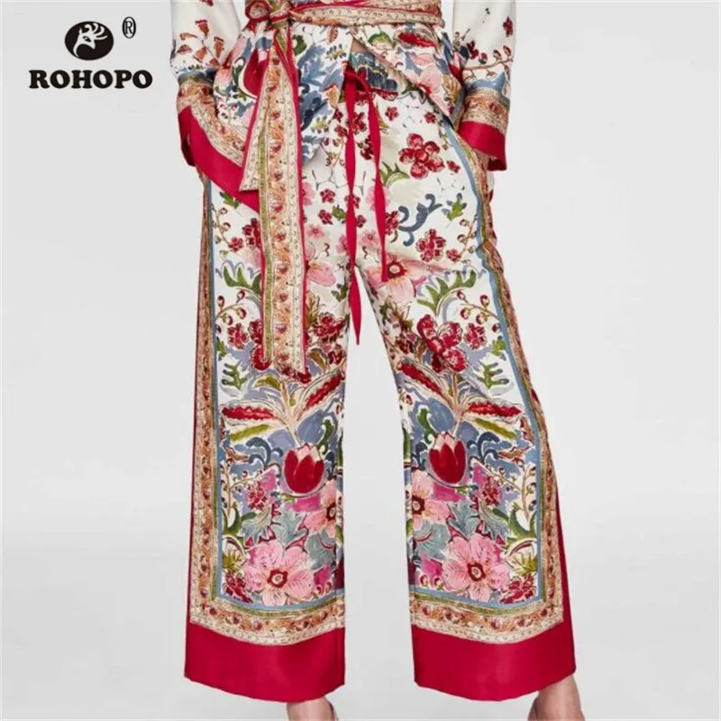 

ROHOPO Women Boho Printed Retro Pant Tie Belted Wide Leg Vintage Indian Ladies High Waist Floral Wide Leg Pant Girl Bottoms