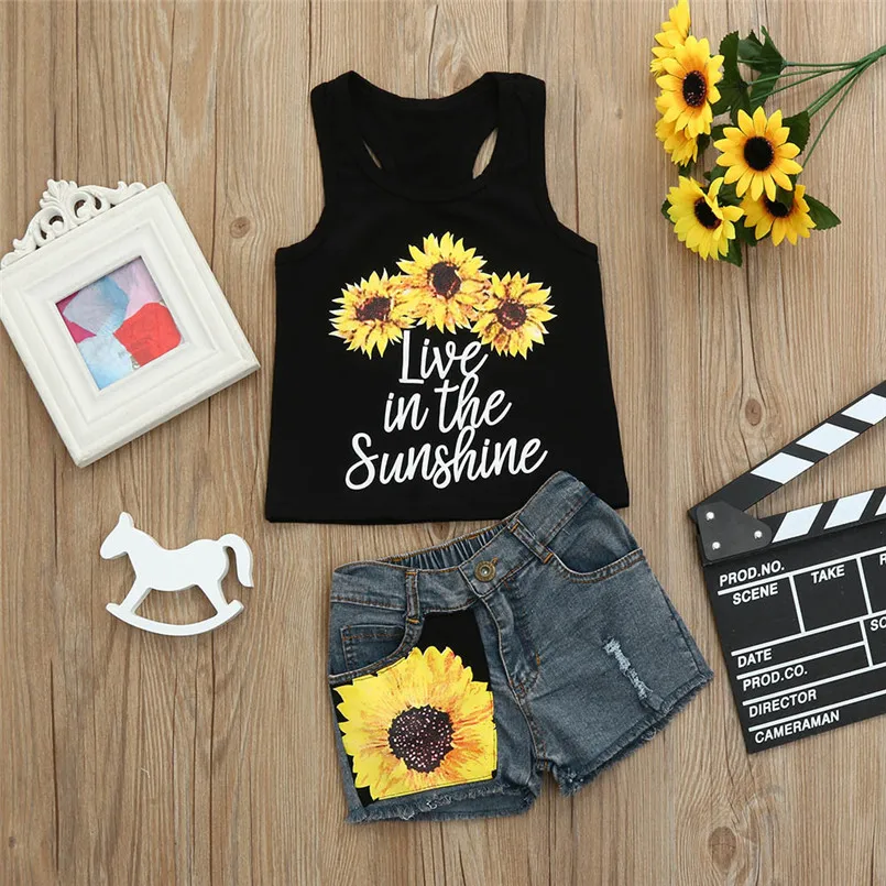 Girls suit summer 2019 new Toddler Baby Girls Letter Print Vest Tops T-Shirt Floral Denim Shorts Outfit Set (3)
