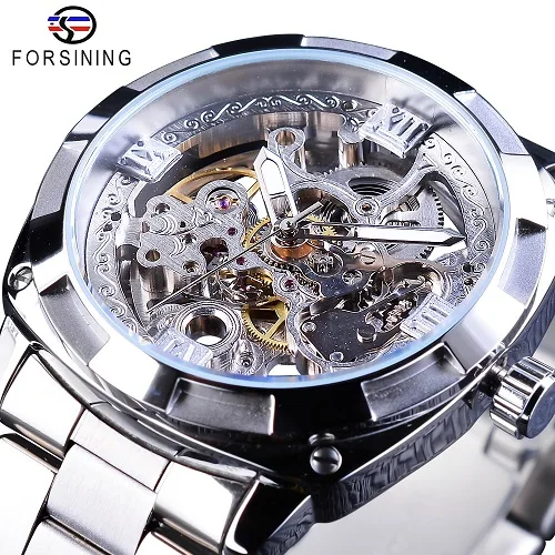 Forsining пара часов набор сочетание для мужчин серебро автоматические часы сталь/Леди Красный Скелет кожа механические наручные часы подарок - Цвет: Men Silver
