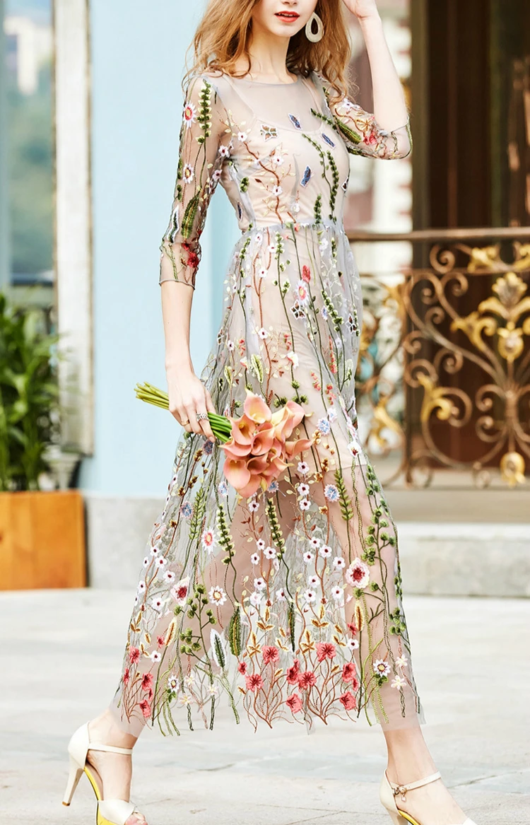 2018 Вечеринка платья для женщин великолепные Половина рукава Sheer Mesh Вышивка Boho