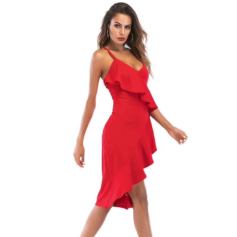 ShejoinSheenjoy Irregular Ruffles V-Neck Summer Dress Autumn Spaghetti Strap Split Backless Sexy Women Midi Dress Clothing (6)
