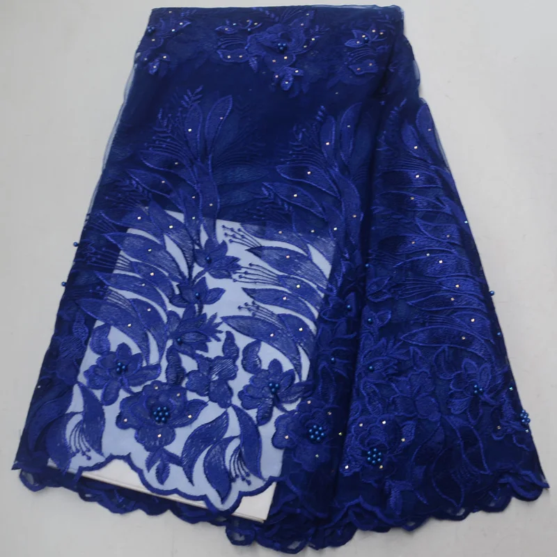 

Free shipping (5yards/pc) latest African tulle lace fabric plain royal blue French net lace fabric with beads for dress FLP128