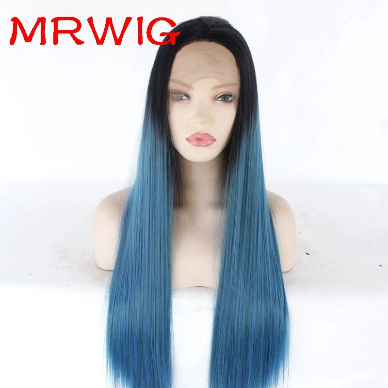 MRWIG 26in 150% densty 8in черный цвет волос 1b# черный Омбре смешанный-синий цвет свободная часть синтетический кружевной парик без клея