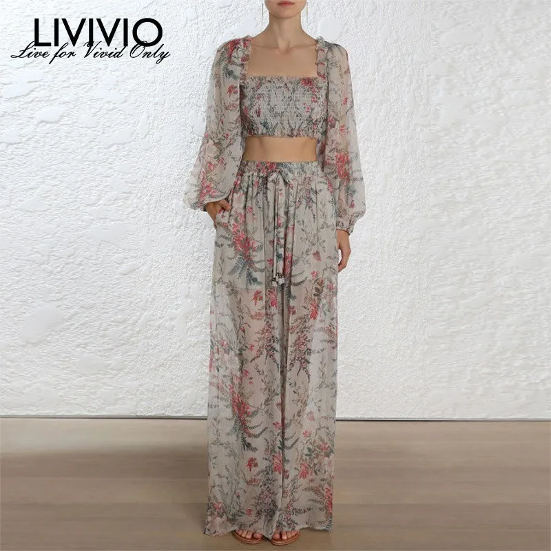 

[LIVIVIO] Casual Print Two Piece Set Women Square Collar Lantern Sleeve Short Tops High Lace Up Pants Female Suit Fashion New