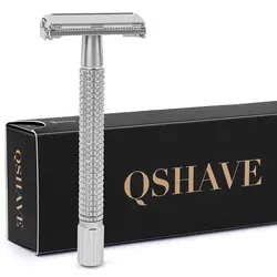 Qshave Double Edge Безопасная бритва Классическая Безопасная бритва серебряный цвет длинная ручка бабочка открытая, 1 ручка и 5 лезвий