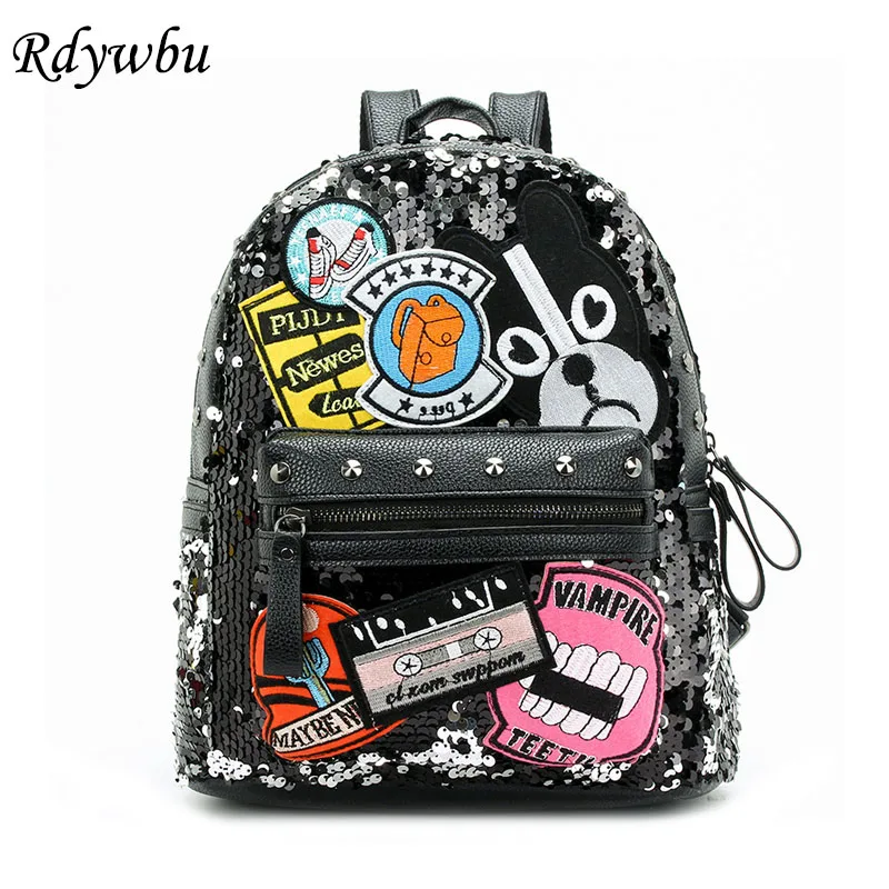 Rdywbu brillo lentejuelas perro parcheado mochila de moda de las mujeres de cuero de la PU bolsa de gran capacidad bolso de escuela mochila Mochilas B622