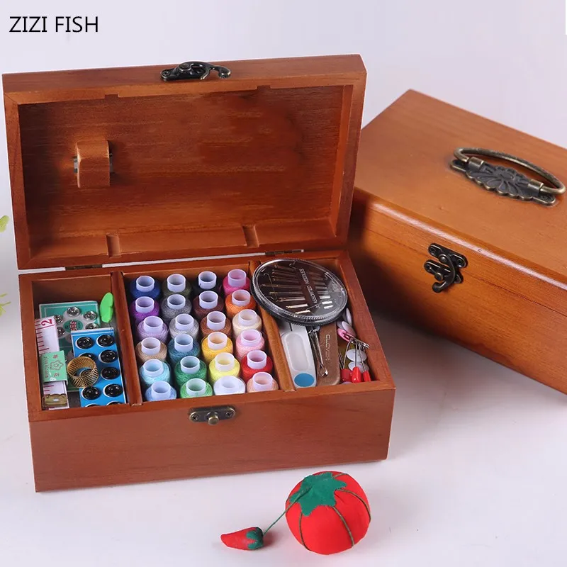 

Wood Box Sewing Kit Needle Tape Scissor Multifunction Threads Sewing DYI Tools Accessory Sewing Kits Home storage box solid wood