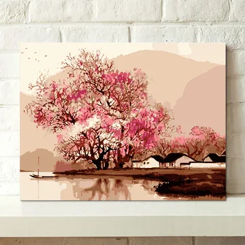 

painting by numbers art paint by number Digital painting diy home decoration Chinese style living room Peach flowing water river