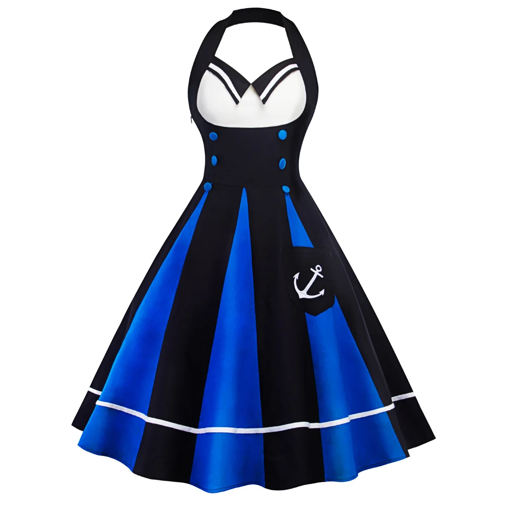 

Women Halter Sleeveless Button Zipper Vintage Dress Sailor Style Party Swing Retro Cotton Dress Female Vestidos de festa