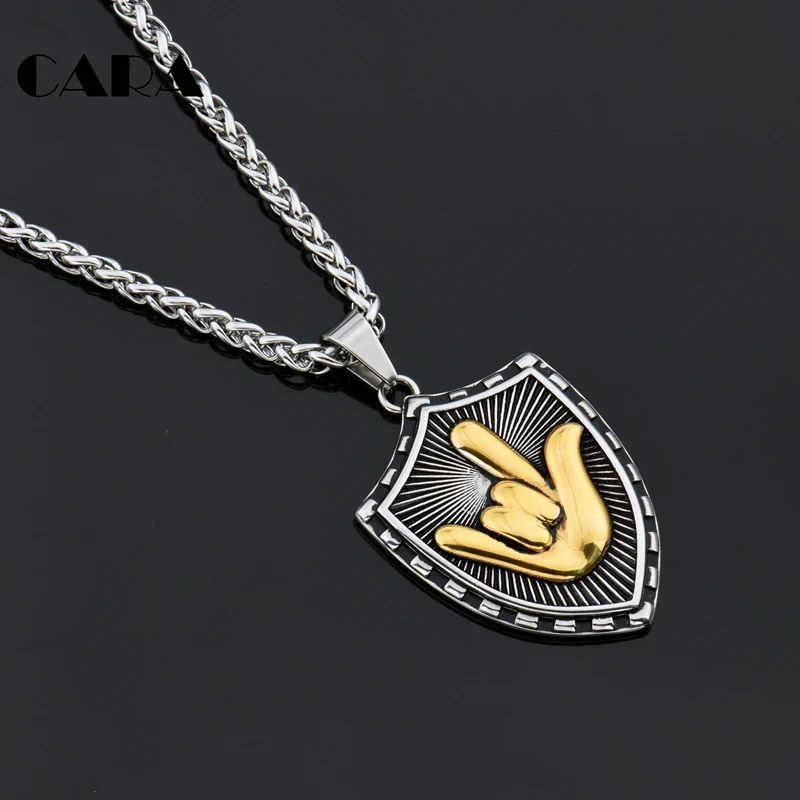 

CARA New Fashion Love shield pendant necklace Stainless steel Golden I LOVE YOU gesture shield necklace men jewelry CAGF0291