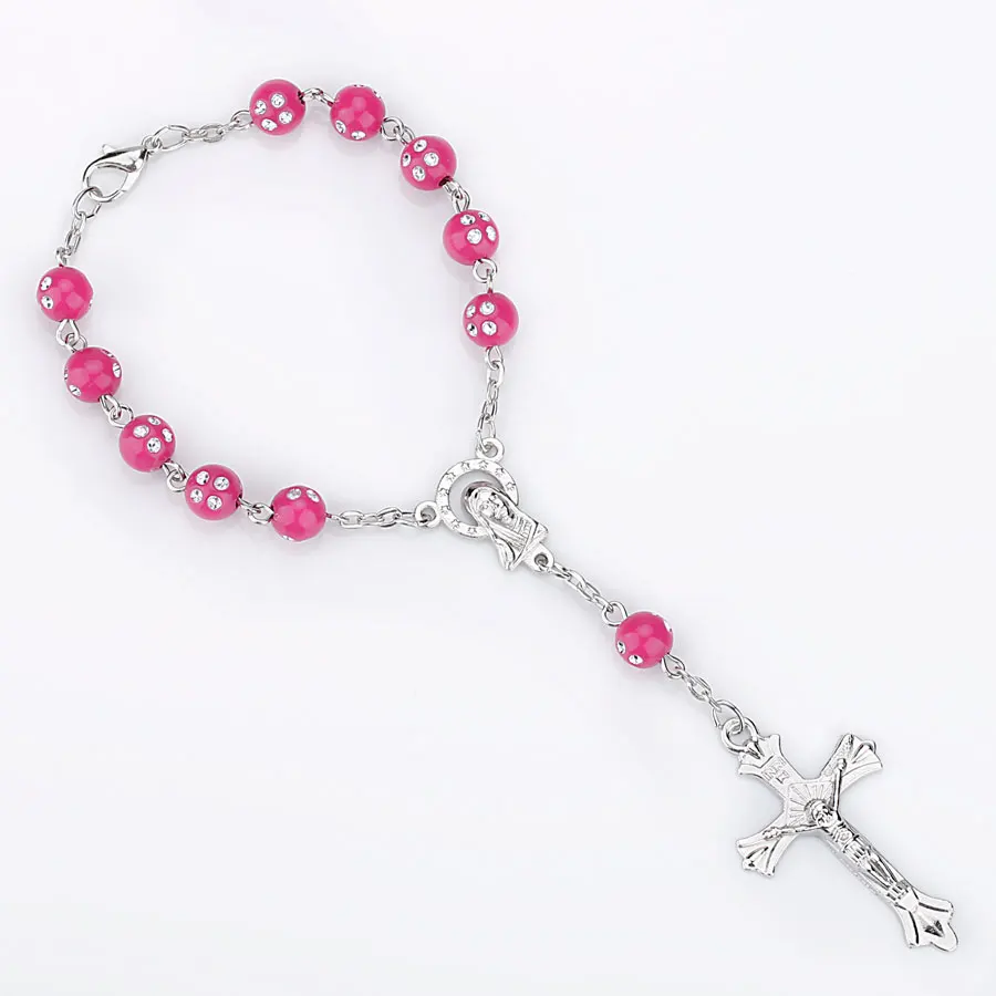 Colorful Beads Catholic Rosary Bracelet Blue Red Color Auto Rosary Car Rosary INRI Cross Mary Charms Lobster Clasp - Окраска металла: 66004623