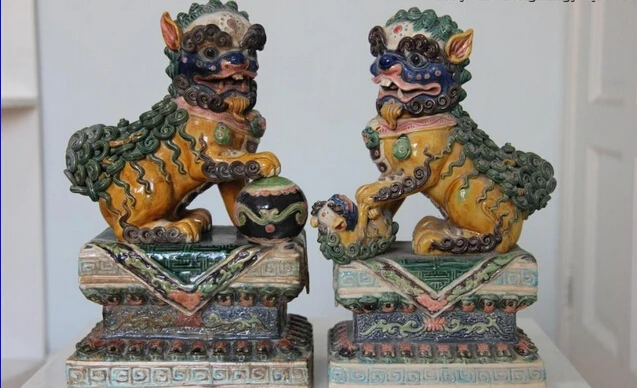 

USPS to USA S0013 China pottery WuCai porcelain Palace Feng Shui Evil Foo Fu Dogs Lion statue pair B0401