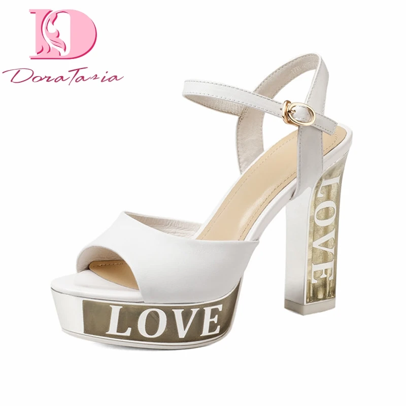 

DoraTasia new women genuine leather ankle strap square high heels platform shoes woman casual summer sandals black size 34-39