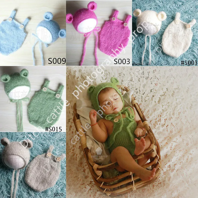 

Newborn photography props, handmade mohair teddy bear hat + shorts, photographic background, basket filler