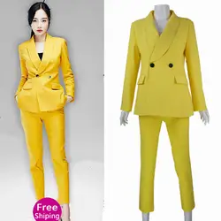 2018 новый стиль высокого качества желтый пиджак + Штаны OL женские Карьера Тонкий Модный костюм комплект из двух предметов костюм