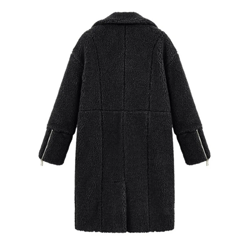 Зимнее женское пальто, теплое одноцветное пальто с отворотом, длинный рукав, плюшевый Карманный жакет, верхняя одежда, женское кашемировое длинное пальто, manteau femme hiver