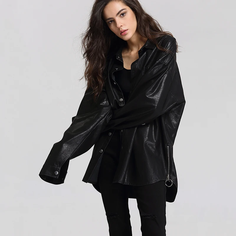 discount  ESCALIEA Basic Jacket Women's Washed PU Leather Jacket Fashion Turn-down Collar Button Coats Free S