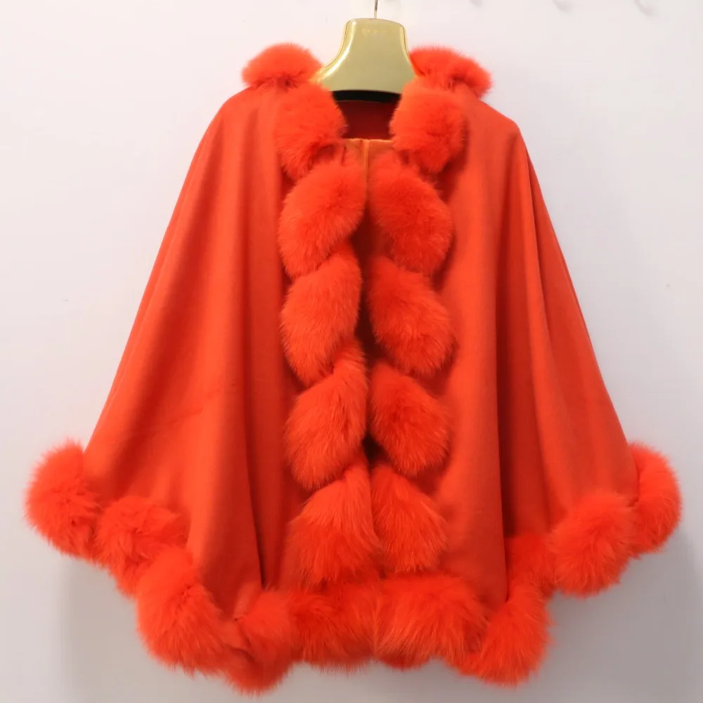 Кашемировая накидка с реальными бренд Fox Fur Trim длиной 90 см долго стиль пончо с лисьим мехом для женщин