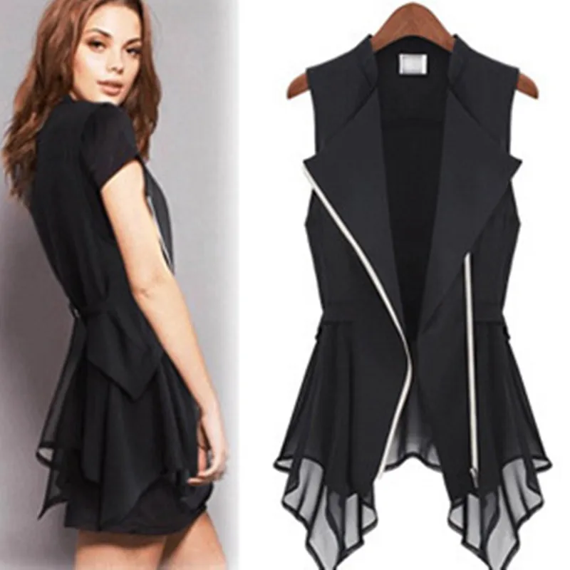 Plus Size Chiffon Stiching Asymmetry Zipper Women's Vest Summer Black