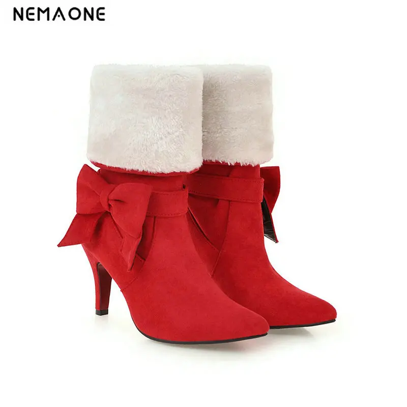 

NEMAONE Women 8cm high heels snow Boots Ladies wedding party mid-calf Boots plush winter warm Woman Shoes Plus Size 43
