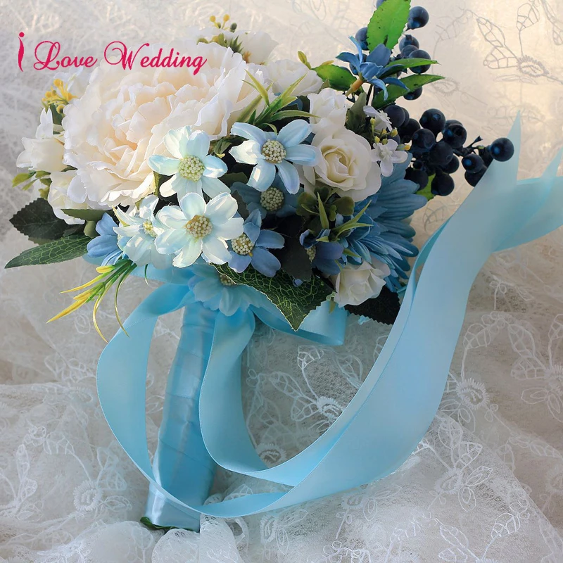 Bouquet de mariage bleu fait main avec ruban bouquet de mariage soie  artificielle fleur mariée demoiselle d'honneur buque noiva livraison  gratuite | AliExpress