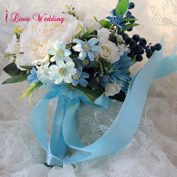 

Handmade Blue Wedding Bouquet with Ribbon bouquet de mariage Artificial Silk Flower Bride Bridesmaid buque noiva Free Shipping