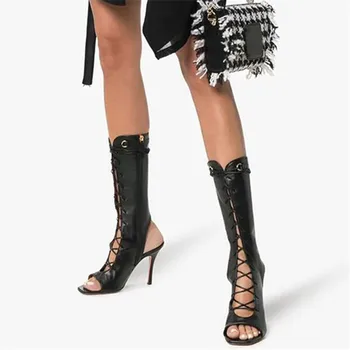 

Black Slingback Summer Boots Gladiator Sandals Women Pumps Peep Toe Sandalias Stiletto High Heels Lace Up Zapatos De Mujer
