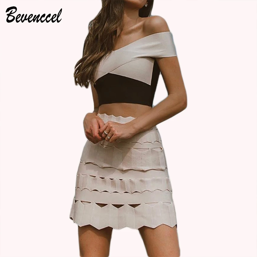 

Bevenccel Dress Women 2019 New Elegant Bandage Dress Slash Neck Jacquard Chic Two Piece Sets Party Dress Vestidos Sexy Dress
