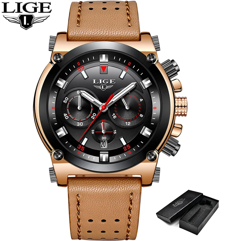 

LIGE 2018 New montre homme marque de luxe montre homme sport 24 hour Date Quartz Watch Man Leather Big dial Male Wristwatch+Box