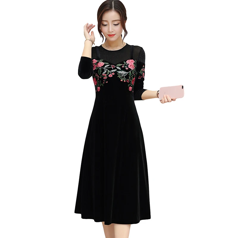 

Embroidery Velvet Dress 2018 Spring New Long-Sleeve Fake Two Pieces Patchwork Mesh Dress Fashion Elegant Women Dress YP0843