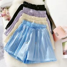 Summer Casual Shorts Women 2019 Elastic High Waist Smocked Belted Shorts Women's Pure Color Wide Leg Beach Skirt Short Pants self belted skirt palazzo pants
