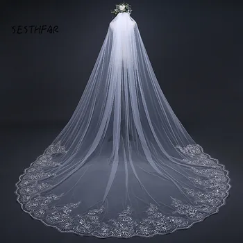 

Free Shipping Tulle sequins 3 meter lace Cathedral Wedding Veils wedding accessories long Bride Veil with Metal comb