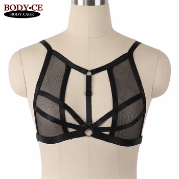 

Women's Sexy Body Harness Bondage Lingerie Black Elastic Adjust Back Strappy Tops Open Cage Chest Pastel Goth Fetish Exotic Bra