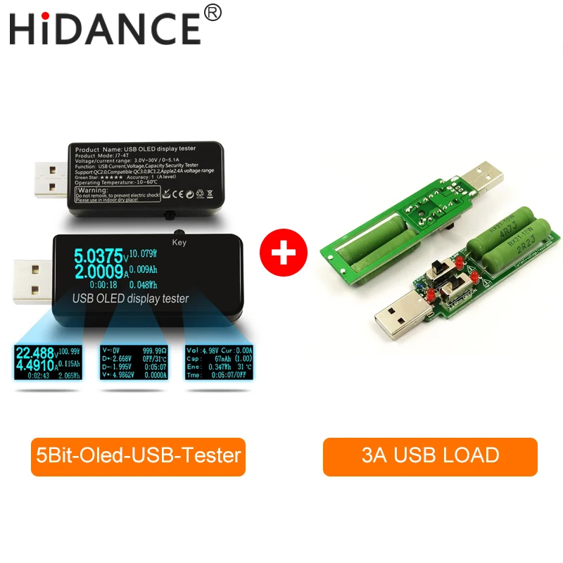 USB Tester DC OLED 128x64 voltmeter current voltage Meters Power Bank battery Capacity monitor Phone charger detector +USB LOAD