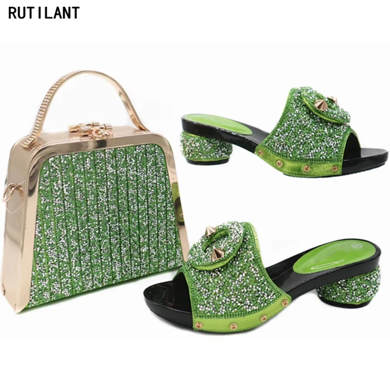 

Latest Green Color Party Shoes and Bag Sets Matching Italian Shoe and Bag Set Decorated with Rhinestone African Shoes and Bag