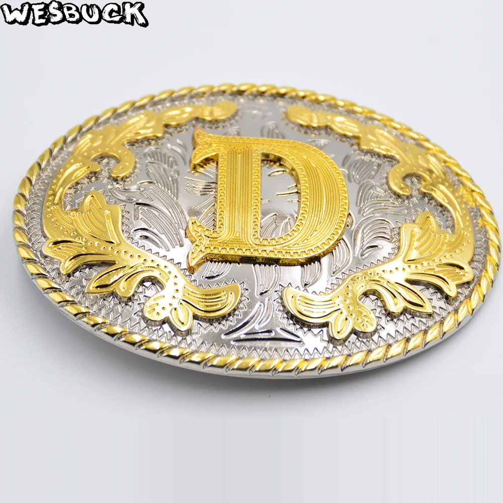 

WesBuck Brand Retail New Style Western Men Golden Initial Letter D Belt Buckle With Oval Metal Cowboy Belt Buckle With PU Belt