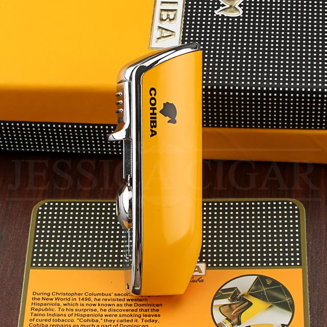 COHIBA Metal Windproof Mini Pocket Cigar Lighter 3 Jet Blue Flame Torch Cigarette Lighters With Cigar Punch Gift Box 3