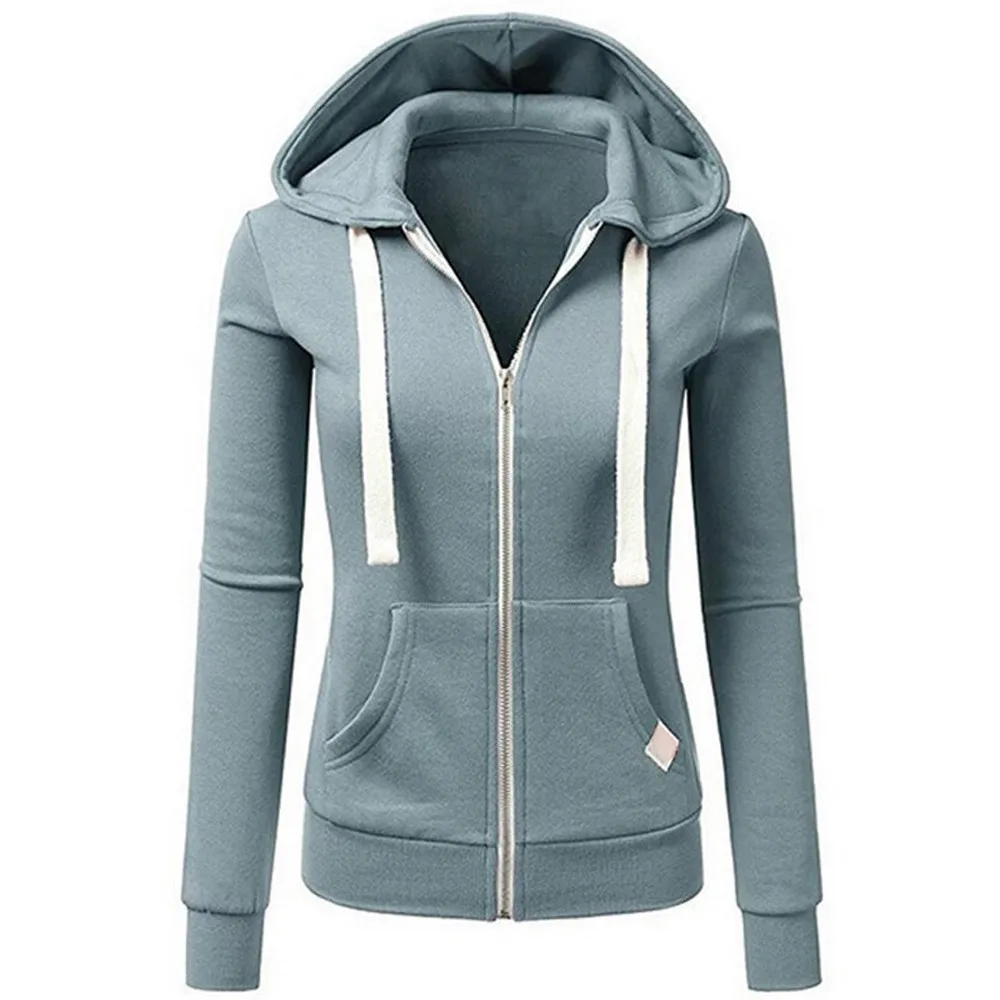 Clothing women's new autumn and winter long-sleeved hooded fashion jacket casual sports jacket solid color Slim 2XL - Цвет: Blue