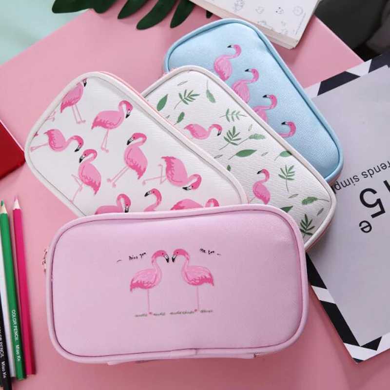 

Student Large Capacity PU Pencil Bag Cute Multi-Function Zipper Stationery Box Child Cartoon Flamingo Storage Pencil Case
