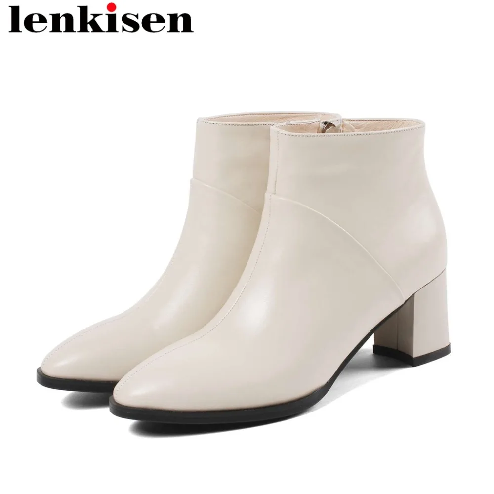 

Lenkisen luxury brand winter square toe thick high heels british style genuine leather zipper high quality woman ankle boots L21