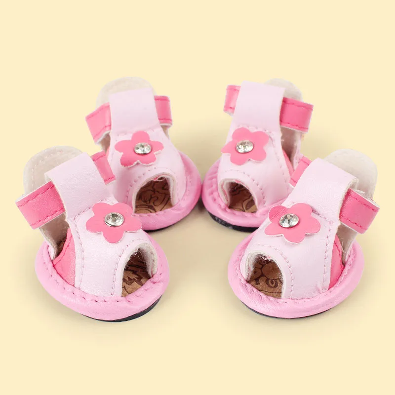 SYDZSW Petshop Dog Shoes Pet Candy Color PU Leather Boots Protective for Small Dogs Chihuahua One Diamond Sandal Dog Products5