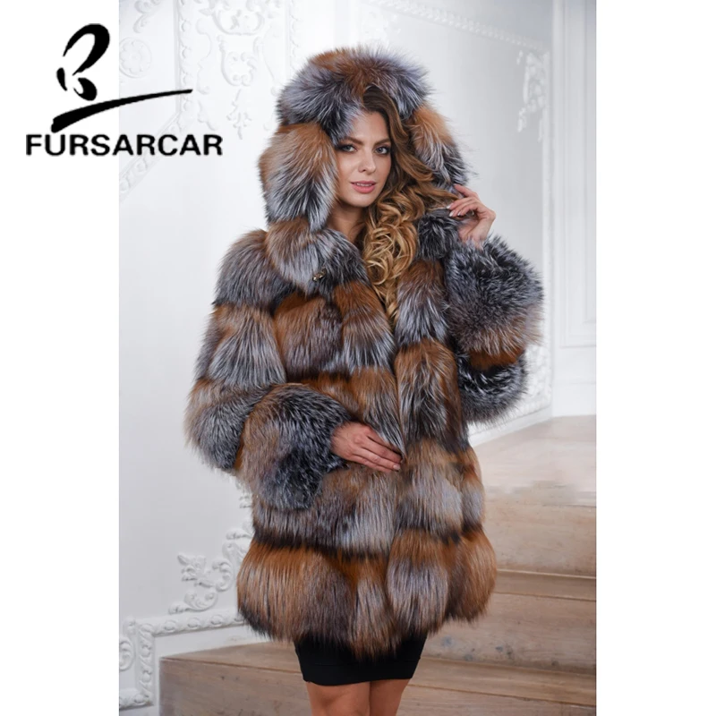 FURSARCAR 2020 Новая Роскошная Шуба из натурального меха лисы Женская Длинная зимняя