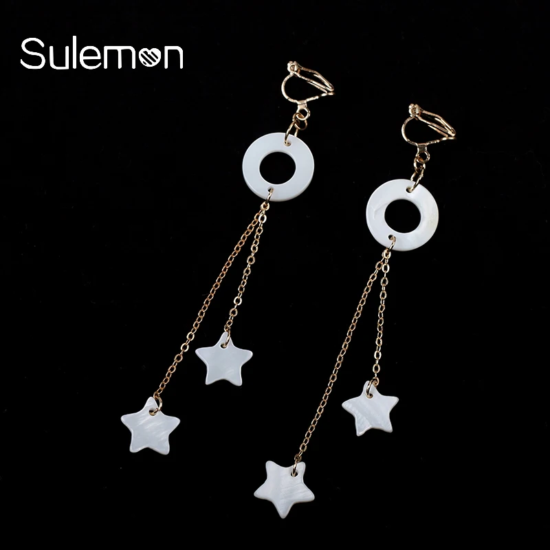 

Shell Tassel Earring No Ear Hole Geometric Round&Star Pendant Tassel Chain Clips Earrings Fashion Birthday Gift For Women SHE01