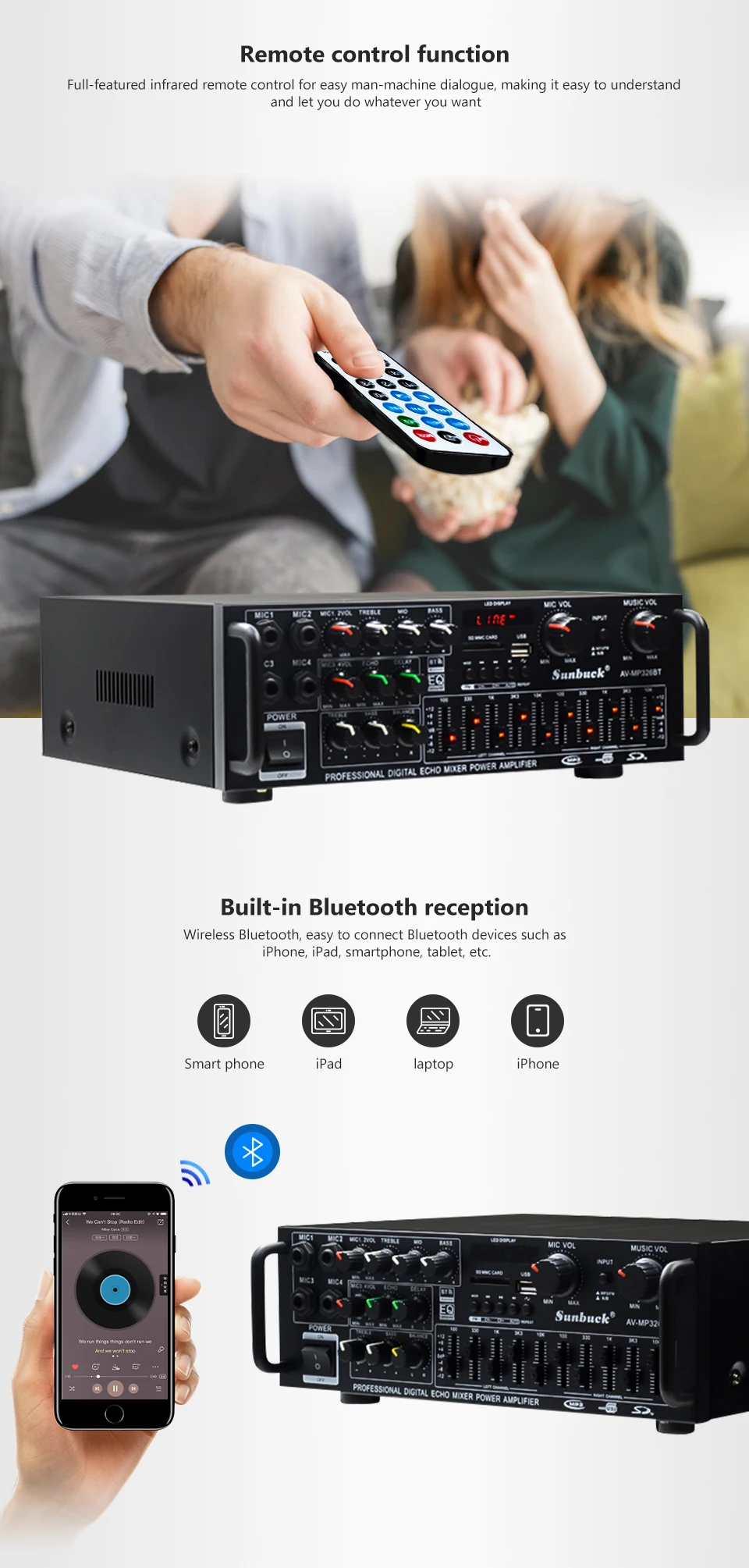 SUNBUCK 150 Вт* 2 220 в домашний Bluetooth HiFi усилитель высокой мощности эквалайзер Эквалайзер 12 в автомобильный уличный радио Многофункциональный усилитель мощности