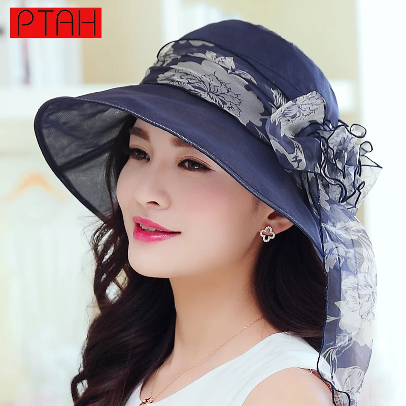 PTAH2017 Newest Summer Women Wide Brim Organza Visor Floppy Beach Tour Sun Hats Adjustable