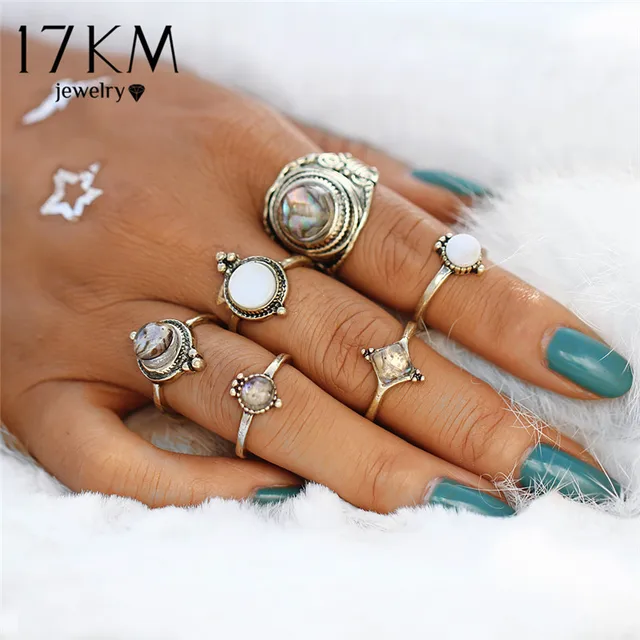 17KM Vintage Opal Rings Big Stone Ring Set For Women Antique Gold Color Midi Knu 17KM Vintage Opal Rings Big Stone Ring Set For Women Antique Gold Color Midi Knu