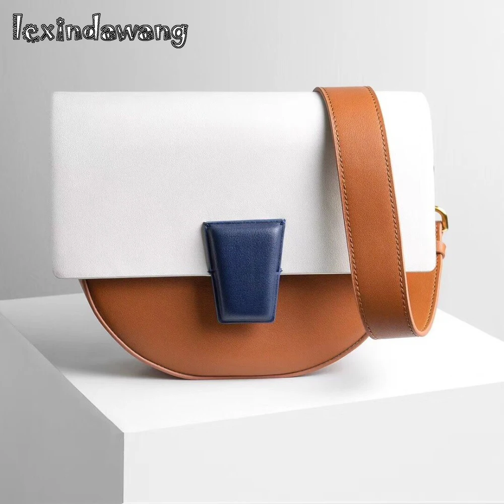 

2019 Saddle Bags Sweet Candy Color Shell Bag Women Luxury Designer Genuine Leather Round Messegner Bag with Flap Wide Straps