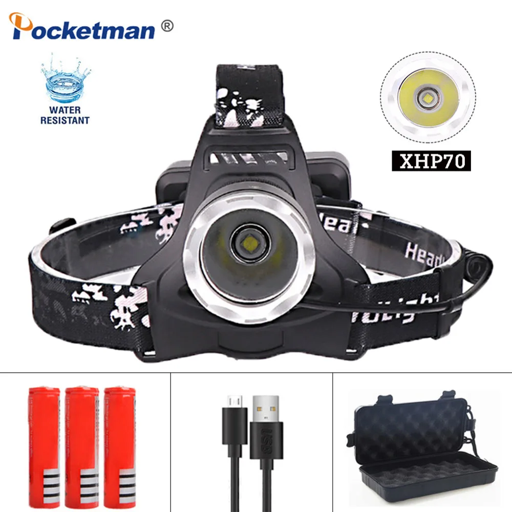 Powerful LED Headlamp XHP70 Waterproof Headlight Rechargeable