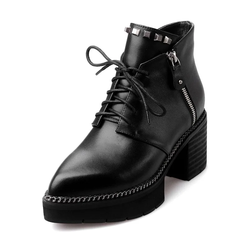 Krazing Pot/кожаные туфли с натуральным лицевым покрытием на высоком каблуке и платформе с острым носком на молнии с заклепками; модные дизайнерские ботинки в европейском стиле; L0f1 - Цвет: Черный